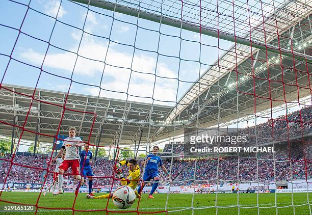 Leipzig��s Emil Forsberg scores the first goal during the German second division Bundesliga football match between RB Leipzig and Karlsruher SC at...