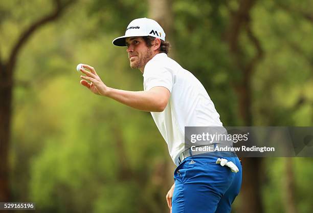 Nacho Elvira of Spain acknowledges the crowd on 18th green during the fourth and final round of the Trophee Hassan II at Royal Golf Dar Es Salam on...