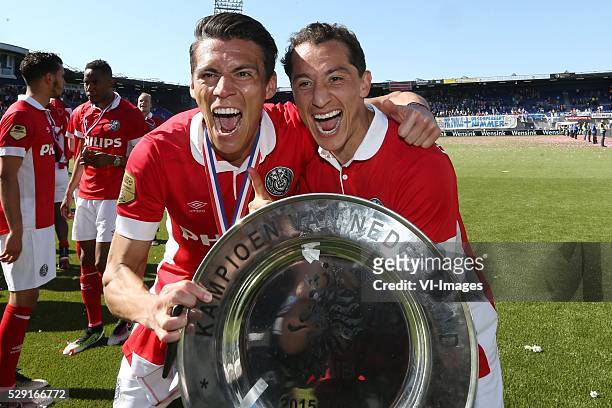 Hector Moreno, Andres Guardado during the Dutch Eredivisie match between PEC Zwolle and PSV Eindhoven at the IJsseldelta stadium on May 08, 2016 in...