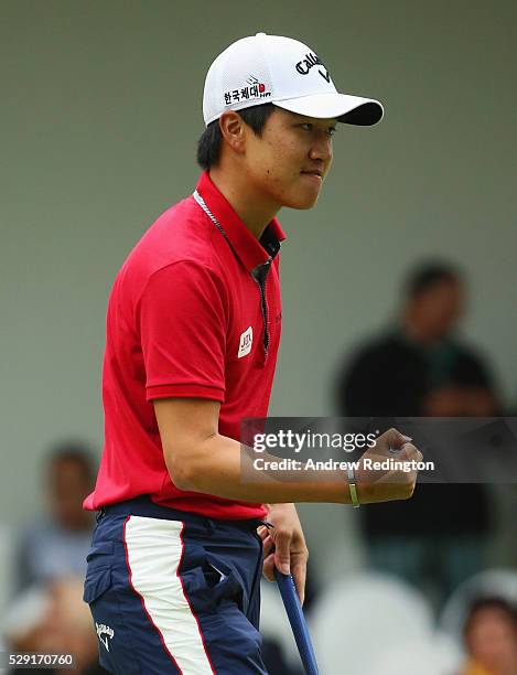 Jeunghun Wang of Korea celebrates a putt on the 18th green during the fourth and final round of the Trophee Hassan II at Royal Golf Dar Es Salam on...