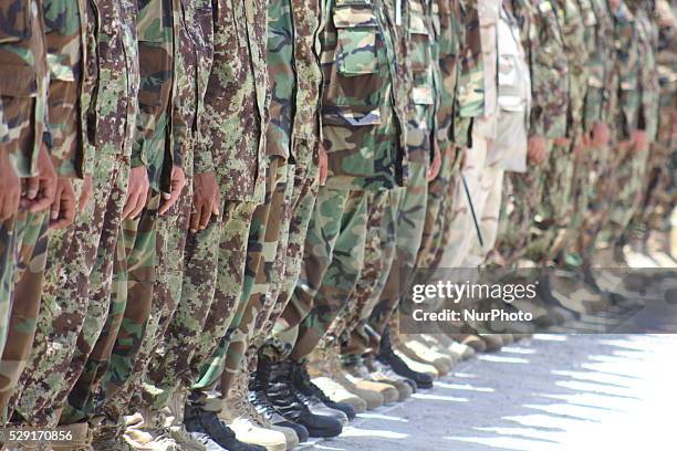 Afghan National army soldiers line up during military training in Badakhshan province, Afghanistan, on May 8, 2016