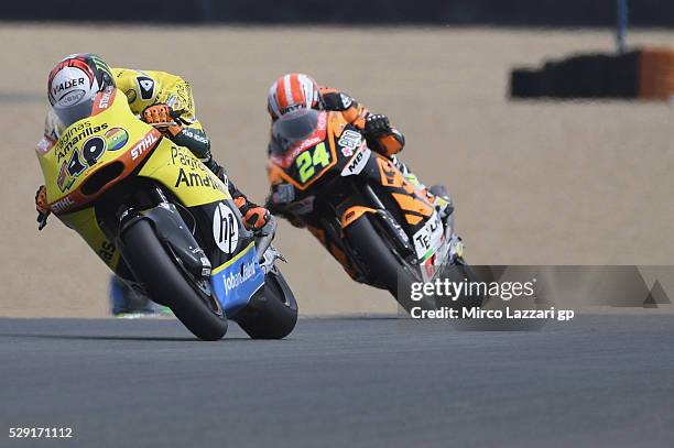 Alex Rins of Spain and Paginas Amarillas HP40 leads Simone Corsi of Italy and Speed Up Racing during the Moto2 race during the MotoGp of France -...