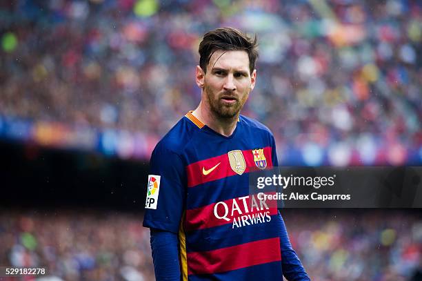 Lionel Messi of FC Barcelona looks on during the La Liga match between FC Barcelona and RCD Espanyol at Camp Nou on May 8, 2016 in Barcelona, Spain.