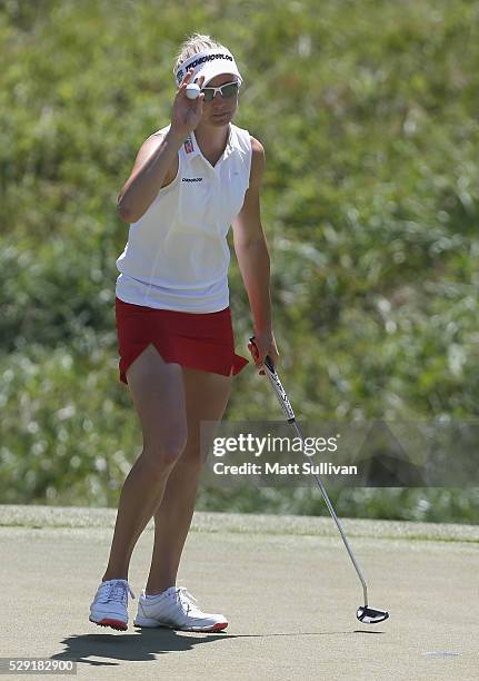 Ryann O'Toole waves to the gallery after making a par on the fourth hole during the final round of the Yokohama Tire Classic on May 08, 2016 in...