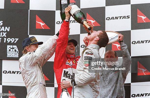 Von AUSTRALIEN 1997 Melbourne; Mika HAEKKINEN , Michael SCHUMACHER & David COULTHARD