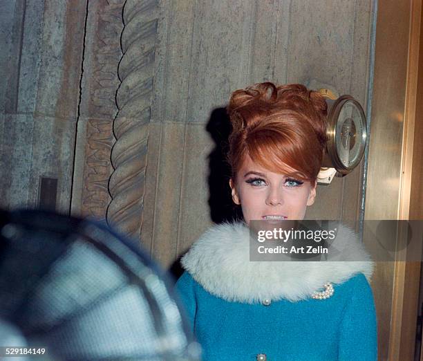 Ann-Margret wearing a blue coat with white fur collar; circa 1970; New York.