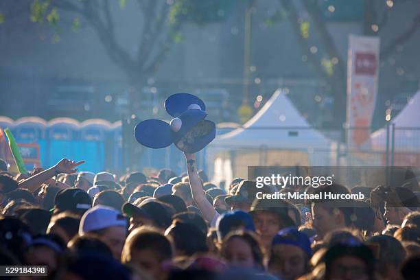 Deadmau5 helmet is held up at the 2014 Festival D'ete De Quebec