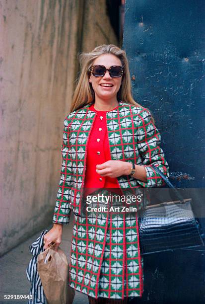 Dyan Cannon wearing a red, green and white geometric print suit; circa 1980; New York.