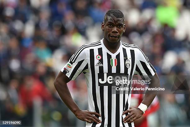 Paul Pogba of Juventus FC looks on during the Serie A match between Juventus FC and Carpi FC at Juventus Arena on May 1, 2016 in Turin, Italy.