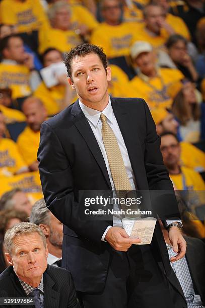 Luke Walton assistant coach of the Golden State Warriors looks on during the game against the Portland Trail Blazers in Game Two of the Western...