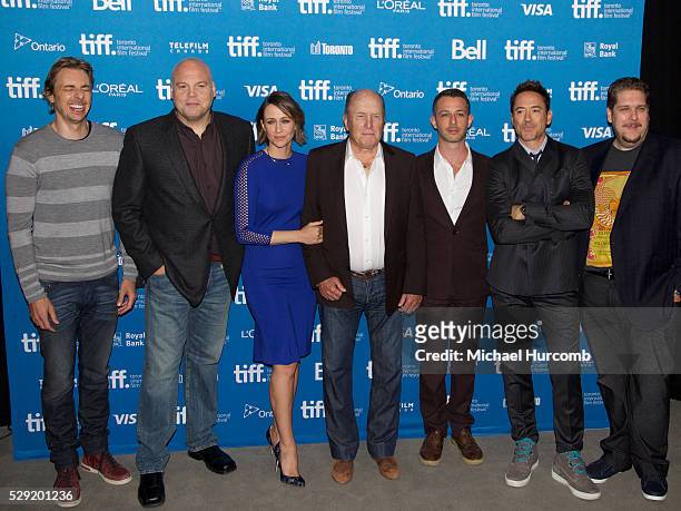 Actors Vincent D'Onofrio, Dax Shepard, Robert Downey Jr., Vera Farmiga, Robert Duvall, Jeremy Strong, and producer David Gambino pose during 'The...
