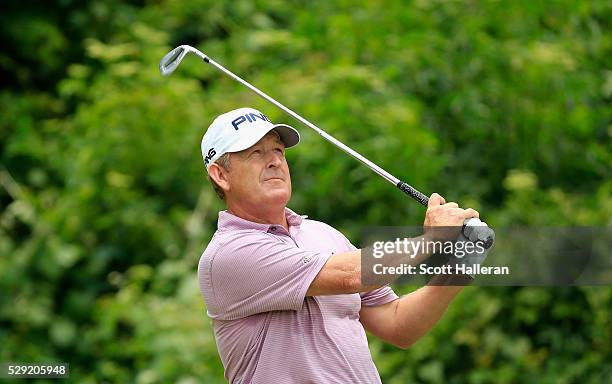 Jeff Maggert hits his tee shot on the third hole during the final round of the Insperity Invitational at The Woodlands Country Club on May 8, 2016 in...