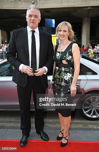 Greg Davies and guest arriving in a Audi at the top of the red carpet for the BAFTA TV Awards 2016 at the Royal Festival Hall on May 8, 2016 in...
