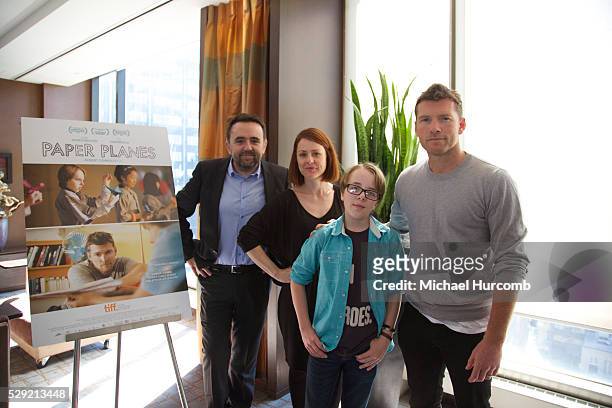 Writer/Director/Producer Robert Connolly, Producer Liz Kearney, actors Ed Oxenbould and Sam Worthington attend the 'Paper Planes' photo call during...