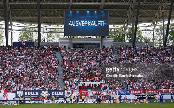 The arena is sold out during the Second Bundesliga match between RB Leipzig and Karlsruher SC at Red Bull Arena on May 08, 2016 in Leipzig, Saxony.