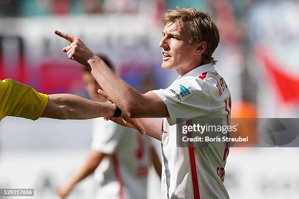 Emil Forsberg of Leipzig gestures during the Second Bundesliga match between RB Leipzig and Karlsruher SC at Red Bull Arena on May 08, 2016 in...