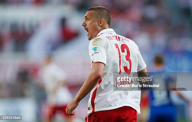Stefan Ilsanker of Leipzig reacts during the Second Bundesliga match between RB Leipzig and Karlsruher SC at Red Bull Arena on May 08, 2016 in...