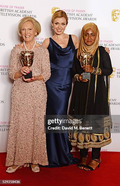 Mary Berry, accepting the Feature award for "The Great British Bake Off", presenter Katherine Jenkins and Bake Off winner Nadiya Hussain pose in the...