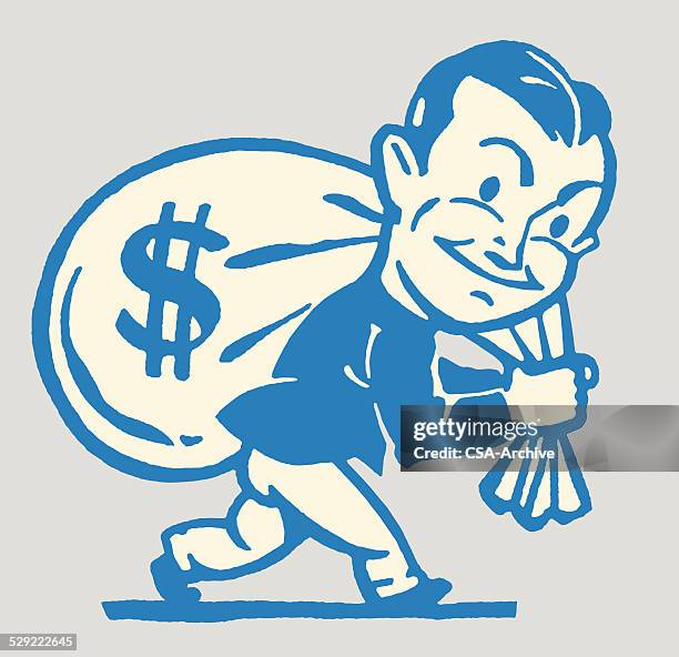 mann mit tasche für das geld über seine schulter - geldsack stock-grafiken, -clipart, -cartoons und -symbole