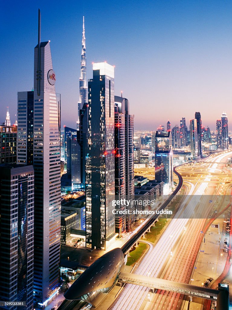 Elevated view of skyline along Sheikh Zayed Road