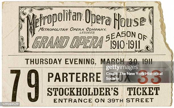 Ticket number 79, Parterre Box 33, entrance on 39th Street, New York City, 1911. Ticket stub - printed paper by Metropolitan Opera Company.