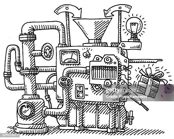 ilustrações, clipart, desenhos animados e ícones de máquina caixa de presente funnel lâmpada de desenho - oleoduto