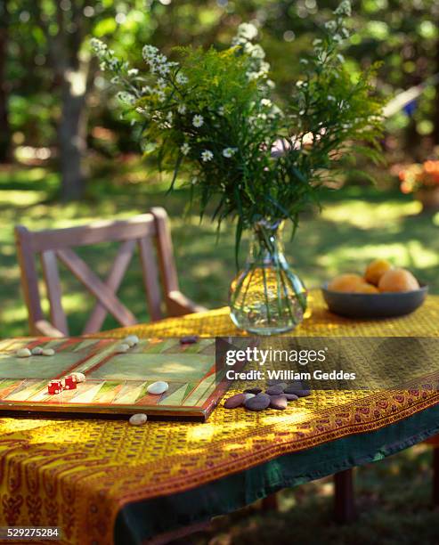 woven outdoor tabletop with games and vase - backgammon 個照片及圖片檔