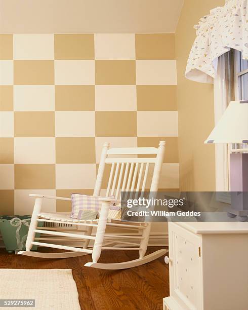 nursery with checkerboard wall - curtain valance stock pictures, royalty-free photos & images