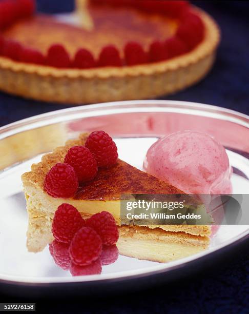 a silver plate bearing a slice of raspberry cheesecake and sorbet - raspberry sorbet stock pictures, royalty-free photos & images