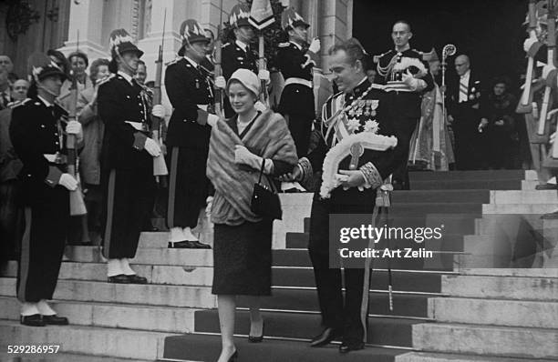 Prince Rainier with Princess Grace coming out of church in Monte Carlo; 1960's;.