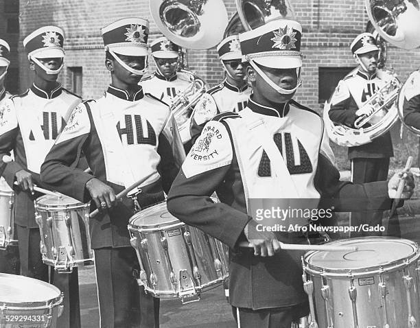Marching band at Howard University during parade, Washington DC Original Caption Reads: ' The Howard University Marching Band Drummers Give The Best...