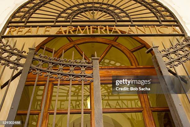 entrance to royal armory in turin - royal arsenal stock pictures, royalty-free photos & images