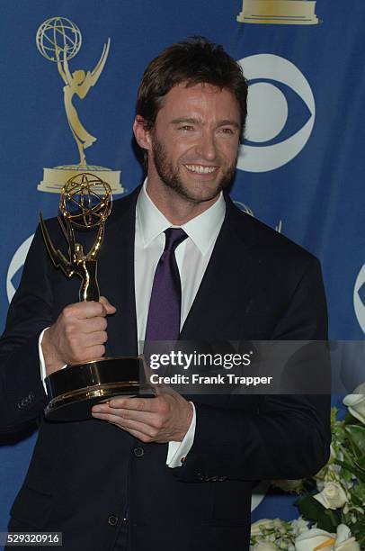 Actor Hugh Jackman with his award for Outstanding Individual Performance in a Variety or Music Program in the press room at the 57th Annual Primetime...