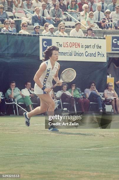 Billie Jean King in a tennis match; circa 1970; New York.