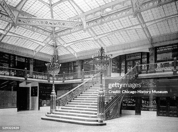 Interior view of the Rookery Building lobby, Chicago, Illinois, 1893.