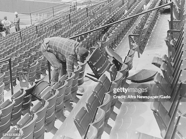 Groundskeeper at Camden Yards baseball stadium, 1995.