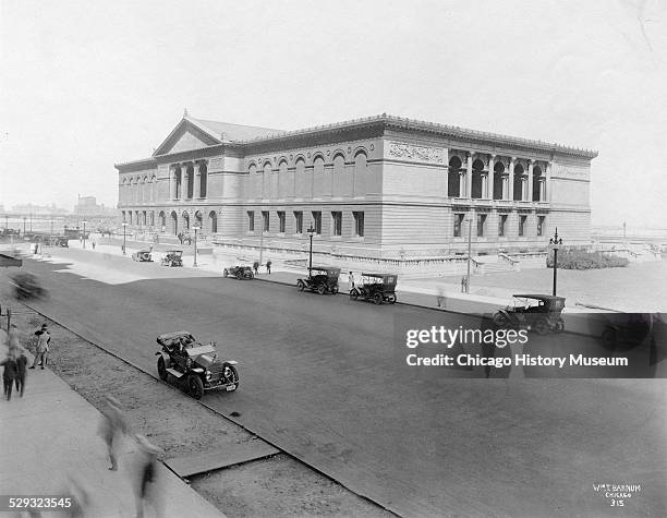 Exterior view of The Art Institute of Chicago, looking northeast from elevation across Michigan Avenue, Chicago, Illinois, circa 1920.