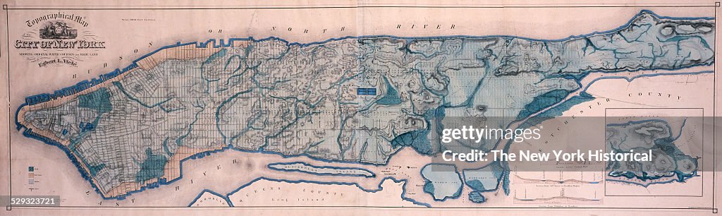 Topographical map of New York, showing watercourses and made land, 1865