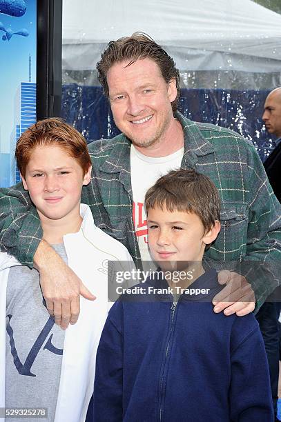 Actor Donal Logue and his sons arrive at the premiere of "Monsters vs. Aliens", held at Gibson Amphitheatre in Universal City.