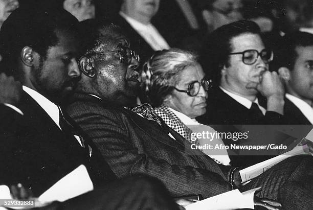 Civil Rights activist Rosa Parks, Ben Carson, Ralph Abernathy and Levy Watkins at Johns Hopkins University during a celebration of the birthday of...
