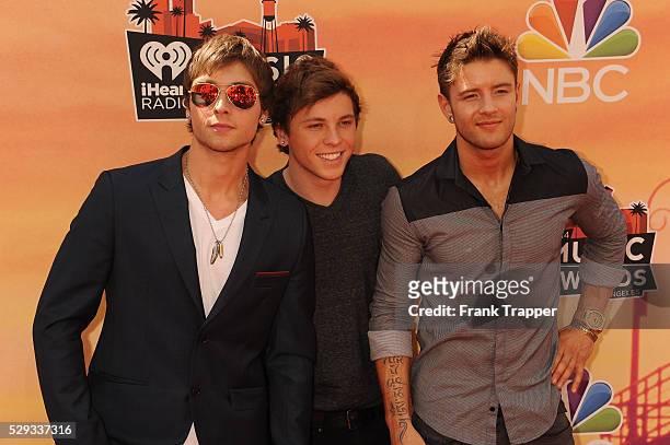Singers Keaton Stromberg, Wesley Stromberg and Drew Chadwick of Emblem3 arrive at the 2014 iHeartRadio Music Awards held at The Shrine Auditorium.