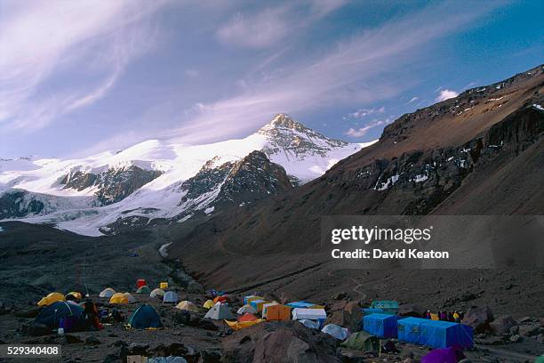 mountain climbing base camp on aconcagua in argentina - mount aconcagua stock pictures, royalty-free photos & images