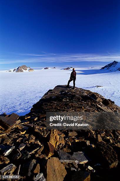 mountaineer standing atop greenland peak - kearton stock pictures, royalty-free photos & images