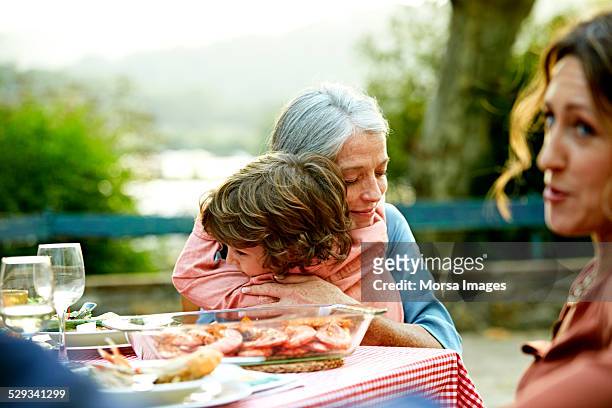 grandmother embracing grandson at outdoor table - 孫娘 個照片及圖片檔