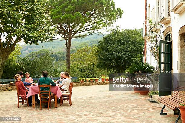 family at outdoor meal table in yard - medium group of people stock pictures, royalty-free photos & images
