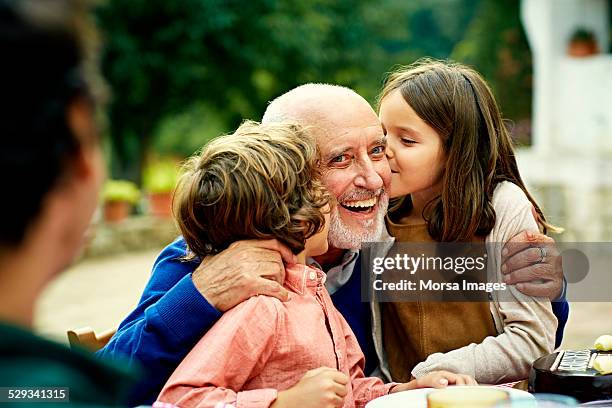 children kissing grandfather at yard - moment of silence stockfoto's en -beelden