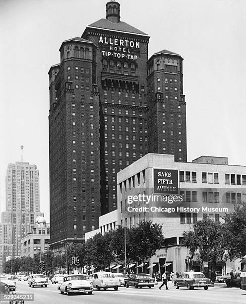 Exterior view of Allerton Hotel & Saks Fifth Avenue on Michigan Avenue, Chicago, Illinois, June 27, 1958.