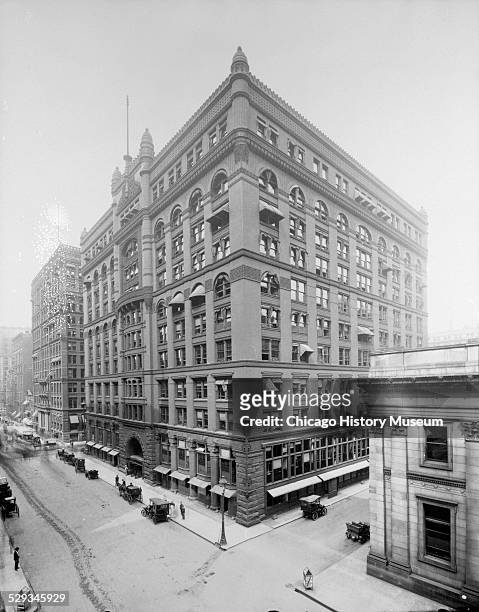 Exterior view of the Rookery Building, located at 209 South LaSalle Street, Chicago, Illinois, circa 1905. The building was designed by architects...
