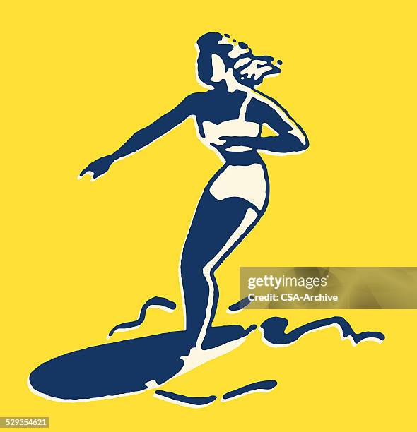 frau surfen - surfbrett stock-grafiken, -clipart, -cartoons und -symbole