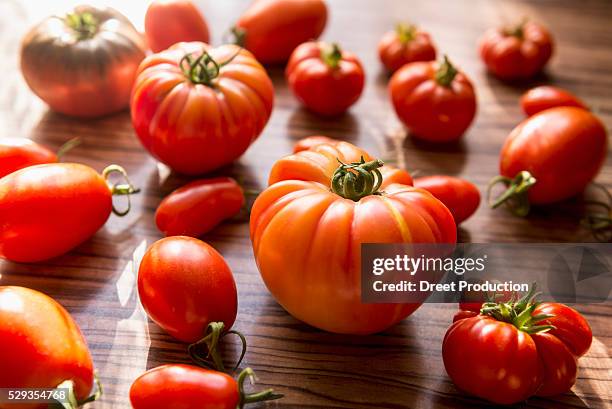 close-up of variety of tomatoes on table, munich, bavaria, germany - eiertomate stock-fotos und bilder